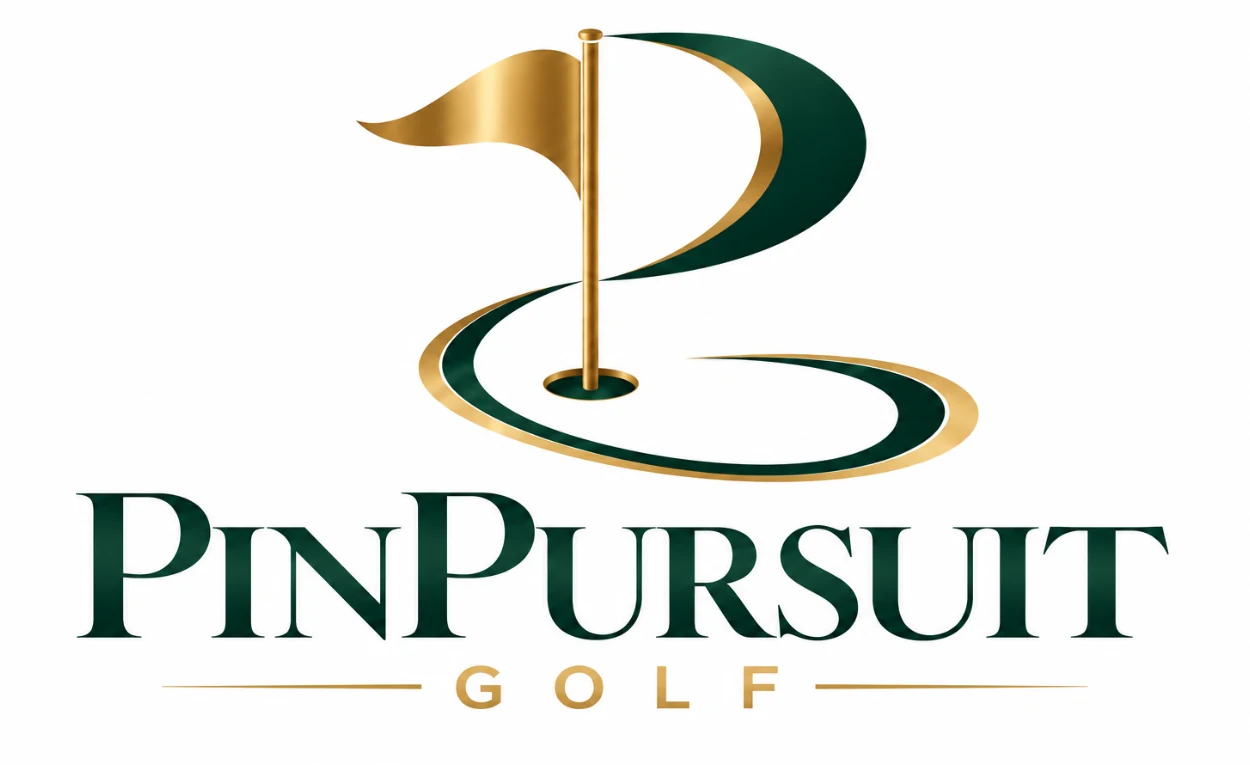 Pin Pursuit Golf, green and gold golf flag emblem